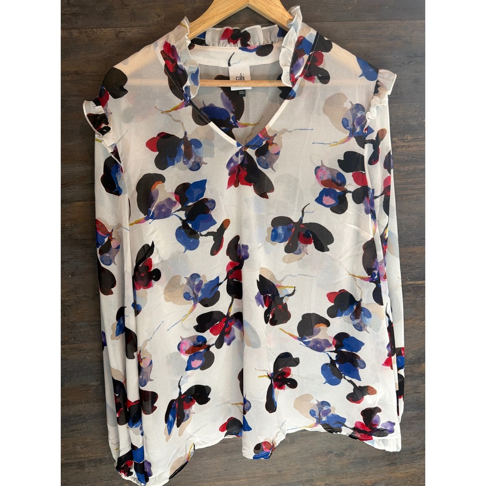 Cabi Flutter Blouse 4426 Abstract Floral Ruffle Neck Chiffon Top XL